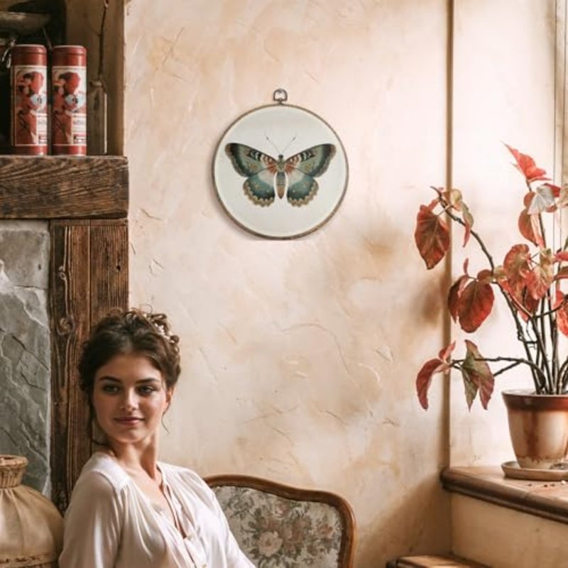 Boho Moody Butterfly Round Wall Art Decor Framed, Cottagecore Sage Green Butterfly Canvas Artwork Prints, Retro Moth Aesthetic Wall Hanging Decorations for Home Bedroom Living Room, 10x10 Inch - Image 2