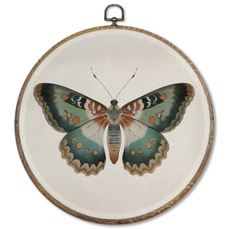 Boho Moody Butterfly Round Wall Art Decor Framed, Cottagecore Sage Green Butterfly Canvas Artwork Prints, Retro Moth Aesthetic Wall Hanging Decorations for Home Bedroom Living Room, 10x10 Inch - Image 1