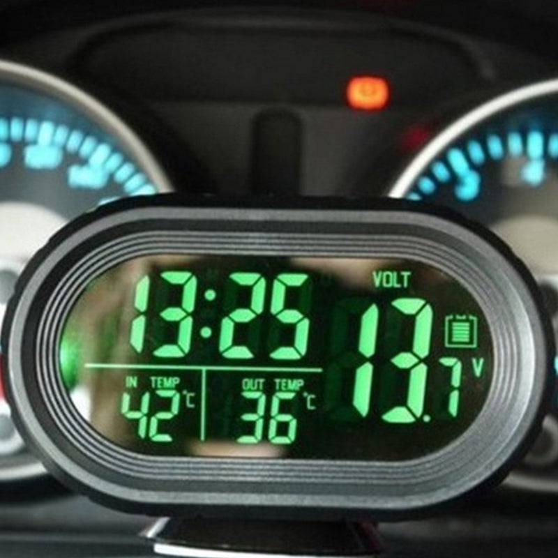 3 In 1 Car Voltmeter Voltage Tester: Green, Date/Time Display, °C/°F Switchable - Snooze Function Dual Temperature Gauge for 12V/24V Car Systems - Image 3