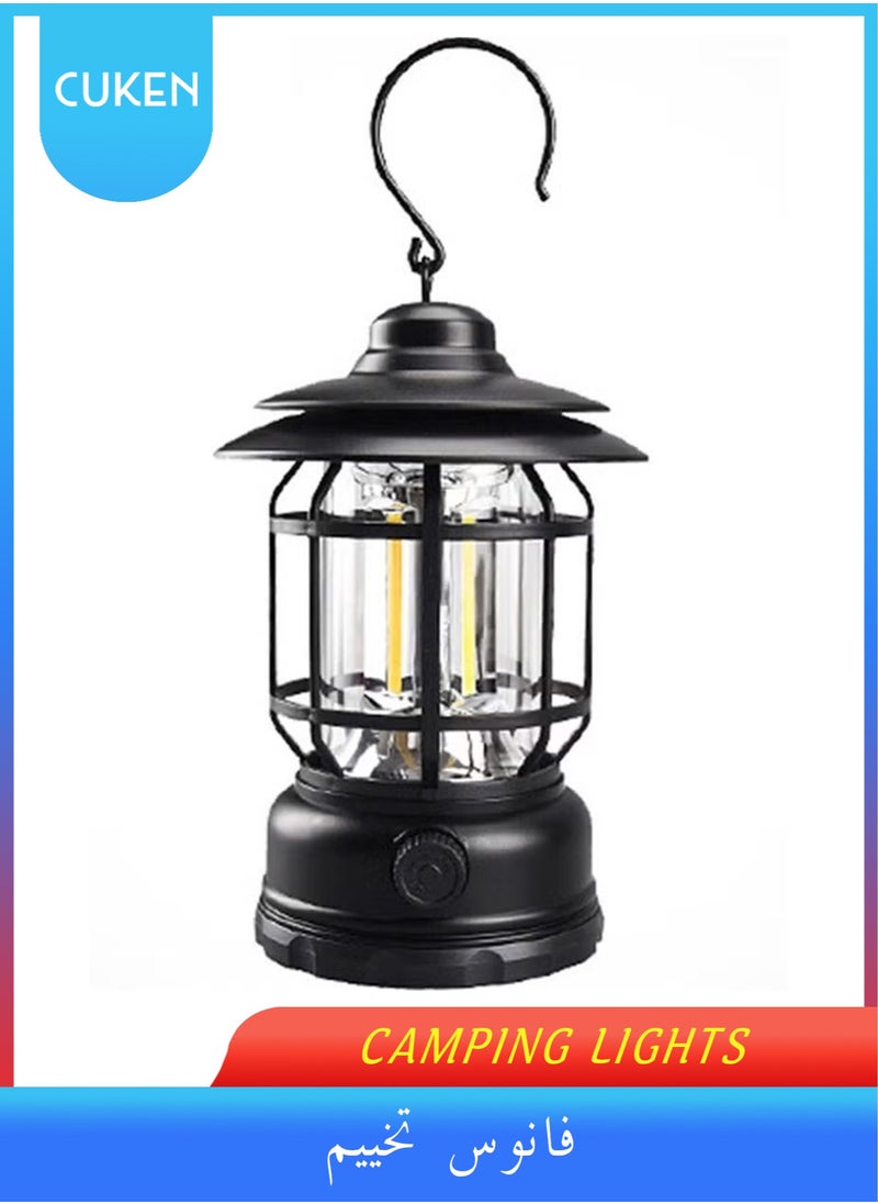 Cuken Retro LED Camping Lantern Rechargeable Warm Light Dimmable Type C Camping Lights for Tents Outdoor Power Outages Hiking Emergency Fishing (Black)  - Image 1