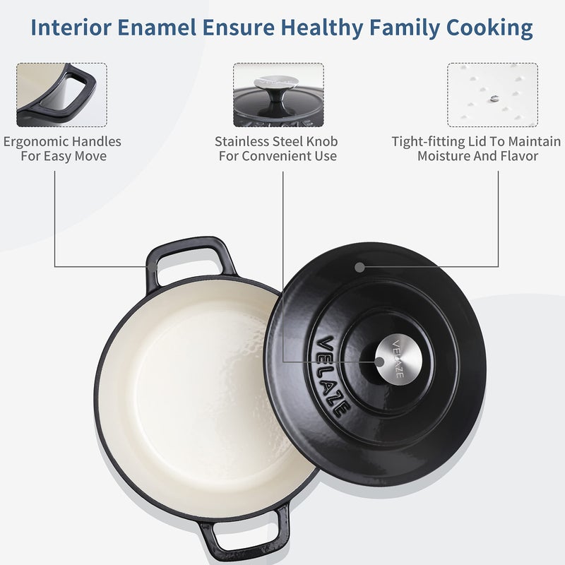Velaze 6 QT Enameled Cast Iron Dutch Oven, Dual Handles Dutch Oven Pot with Lid,Heavy-Duty Non-stick Round Dutch Oven for Bread Baking, Stewing, Roasting, Good Sealing for All Heat Source (BLACK) - Image 4