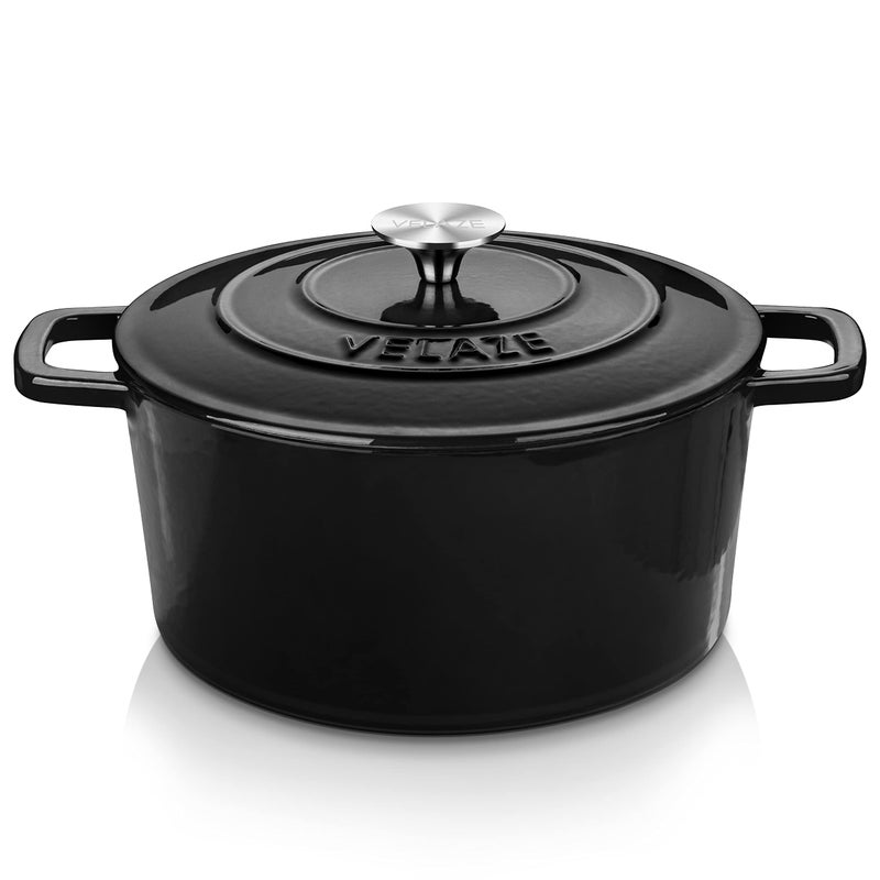 Velaze 6 QT Enameled Cast Iron Dutch Oven, Dual Handles Dutch Oven Pot with Lid,Heavy-Duty Non-stick Round Dutch Oven for Bread Baking, Stewing, Roasting, Good Sealing for All Heat Source (BLACK) - Image 1