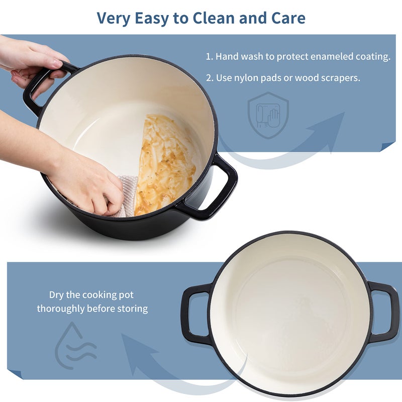 Velaze 6 QT Enameled Cast Iron Dutch Oven, Dual Handles Dutch Oven Pot with Lid,Heavy-Duty Non-stick Round Dutch Oven for Bread Baking, Stewing, Roasting, Good Sealing for All Heat Source (BLACK) - Image 5