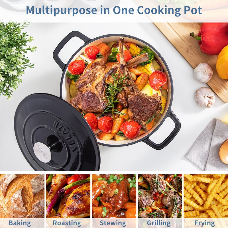 Velaze 6 QT Enameled Cast Iron Dutch Oven, Dual Handles Dutch Oven Pot with Lid,Heavy-Duty Non-stick Round Dutch Oven for Bread Baking, Stewing, Roasting, Good Sealing for All Heat Source (BLACK) - Image 3
