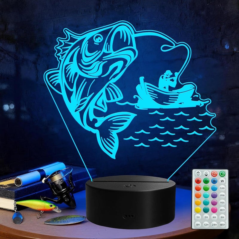Al Raied ARS® Fishing Night Light, 3D Illusion Lamp with Remote Control, 16 RGB Colors, Dimmable for Men and Boys - Image 1