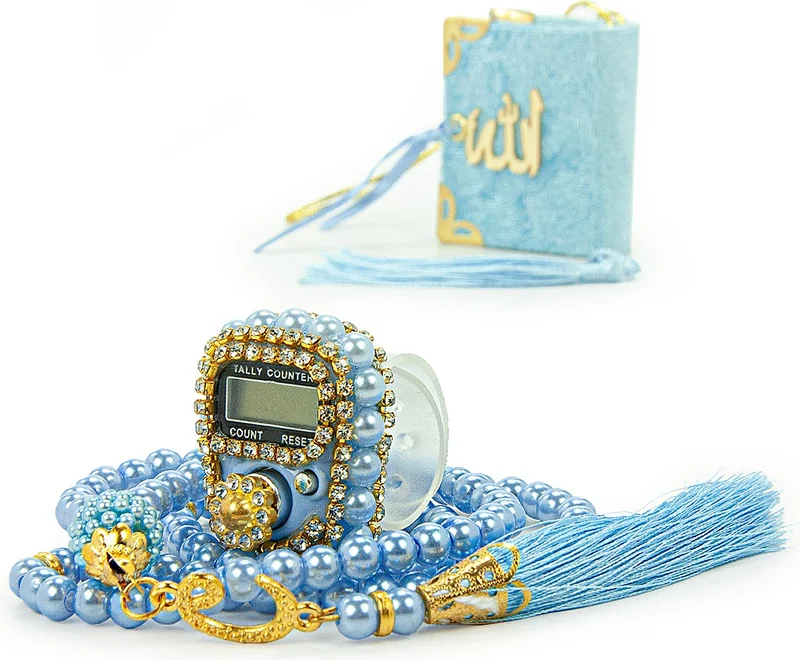 İhvan Ihvan Pearl Tasbih Stoned Chanting Maker and Mini Velvet Quran Set Mevlut Gift - Blue
