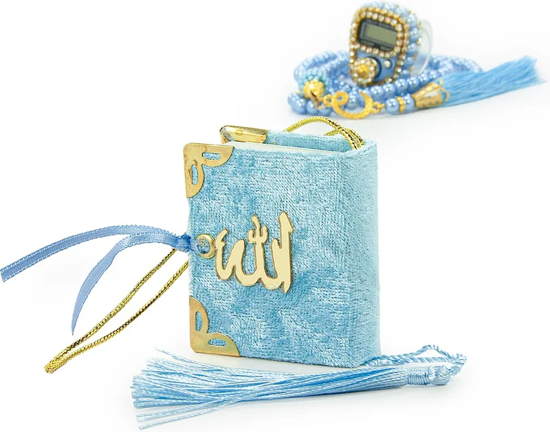 İhvan Ihvan Pearl Tasbih Stoned Chanting Maker and Mini Velvet Quran Set Mevlut Gift - Blue