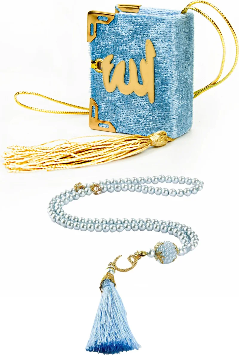 İhvan Ihvan Pearl Tasbih Stoned Chanting Maker and Mini Velvet Quran Set Mevlut Gift - Blue