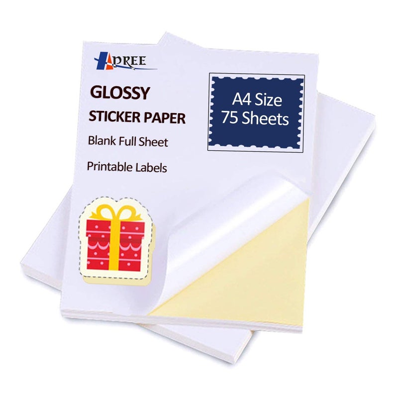 75 Sheets Glossy Sticker Paper, A4 Self Adhesive Sticker Label Paper for Laser and Inkjet Printers
