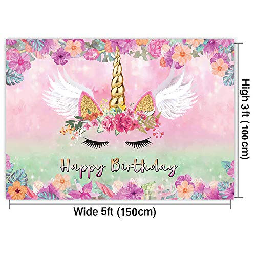 LTLYH Unicorn Birthday Backdrop for Girls 5x3ft Pink Floral Unicorn Party Decoration Happy Birthday Banner for Girls Party Photo Booth Background 054 - Image 2