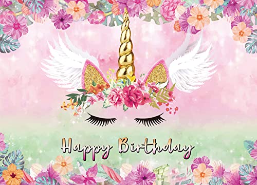 LTLYH Unicorn Birthday Backdrop for Girls 5x3ft Pink Floral Unicorn Party Decoration Happy Birthday Banner for Girls Party Photo Booth Background 054 - Image 1