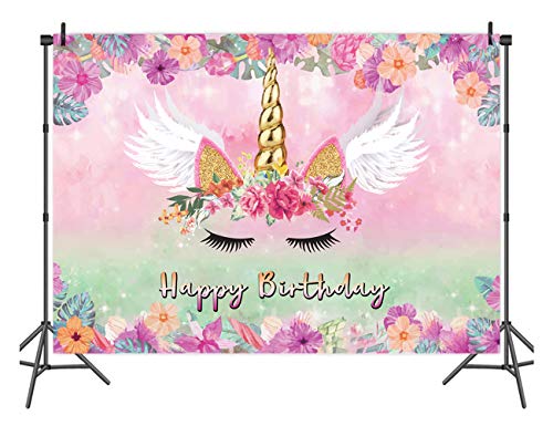 LTLYH Unicorn Birthday Backdrop for Girls 5x3ft Pink Floral Unicorn Party Decoration Happy Birthday Banner for Girls Party Photo Booth Background 054 - Image 3