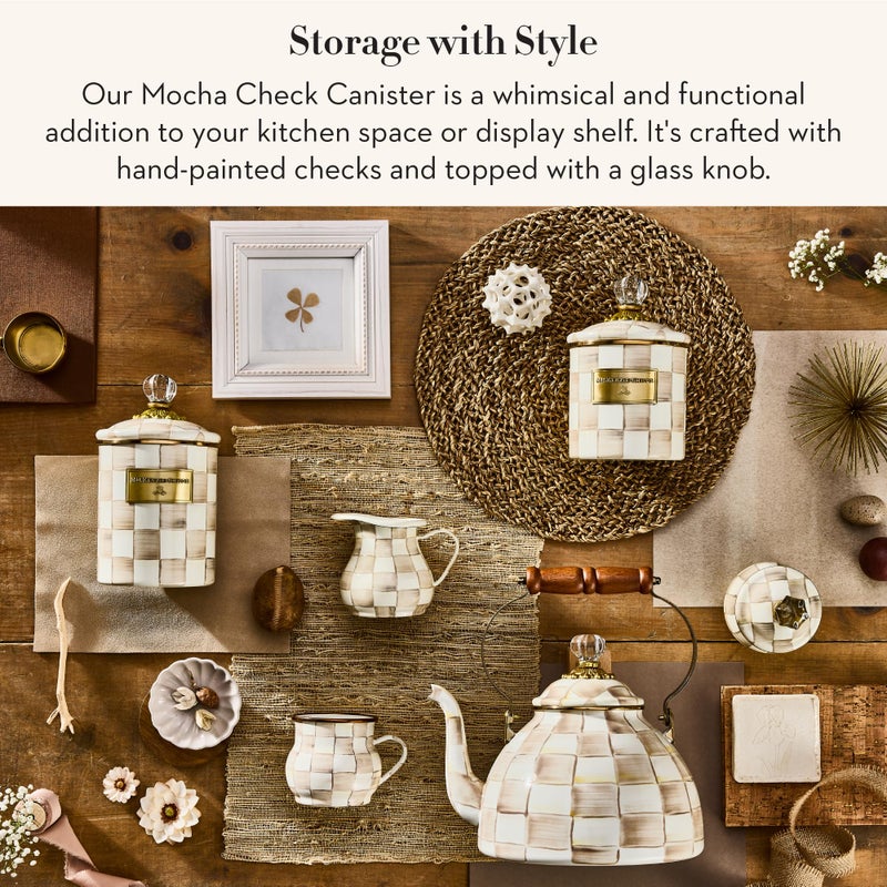 mackenzie childs MACKENZIE-CHILDS Small Enamel Canister, Kitchen Storage Container with Lid, Brown-and-White Mocha Check - Image 1