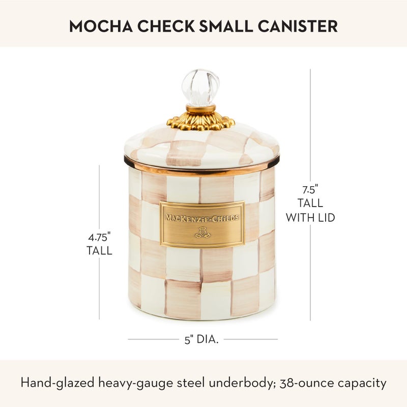 mackenzie childs MACKENZIE-CHILDS Small Enamel Canister, Kitchen Storage Container with Lid, Brown-and-White Mocha Check - Image 3
