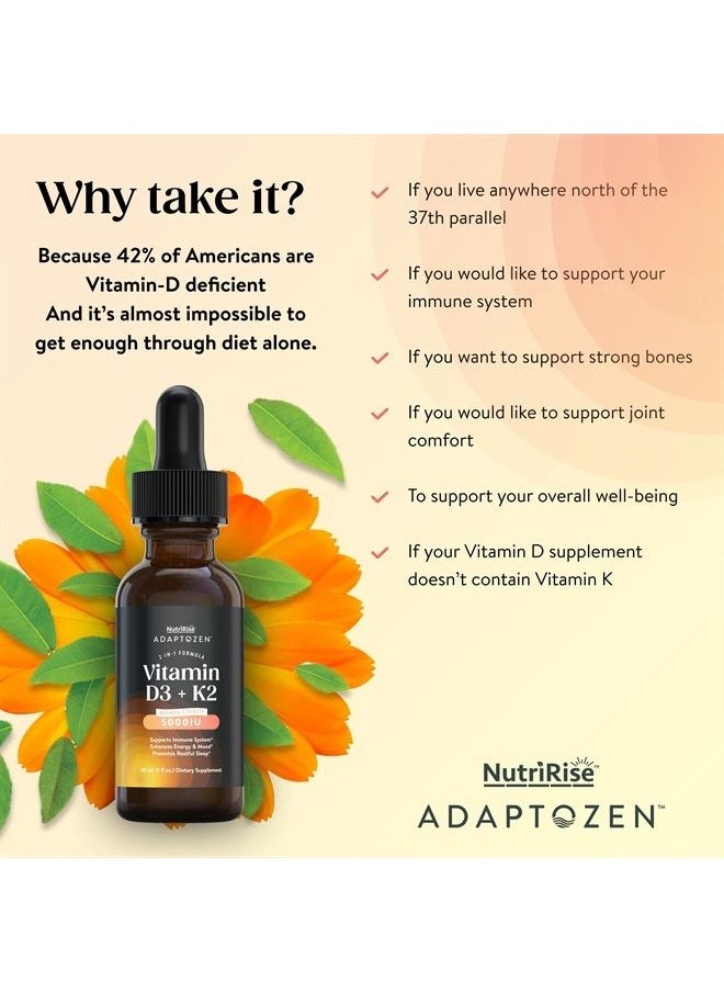 NUTRIRISE - Vitamin D3 K2 Drops 5000 IU: Immunity Vitamins, Support for Energy, Well-Being & Joint Comfort, Vegetarian, Easy to Take Liquid Formula for Men & Women + MCT Oil, Gluten Free, 1 fl oz - Image 1