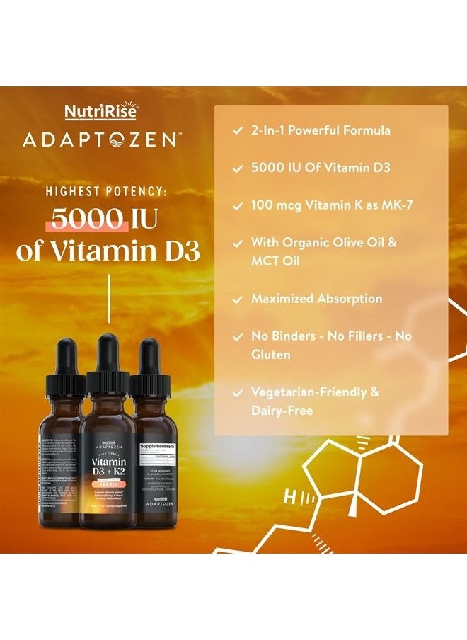 NUTRIRISE - Vitamin D3 K2 Drops 5000 IU: Immunity Vitamins, Support for Energy, Well-Being & Joint Comfort, Vegetarian, Easy to Take Liquid Formula for Men & Women + MCT Oil, Gluten Free, 1 fl oz - Image 1