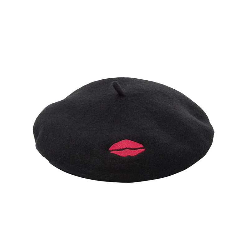 Womens Red Wool Beret Hat With Lip Embroidery Winter Warm Painter Cap - Image 2