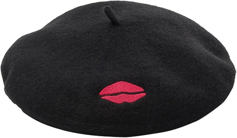 Womens Red Wool Beret Hat With Lip Embroidery Winter Warm Painter Cap - Image 1