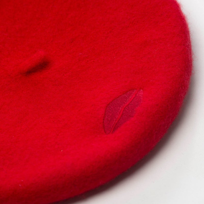 Womens Red Wool Beret Hat With Lip Embroidery Winter Warm Painter Cap - Image 5