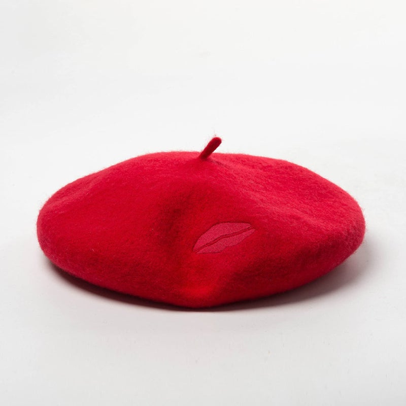Womens Red Wool Beret Hat With Lip Embroidery Winter Warm Painter Cap - Image 3