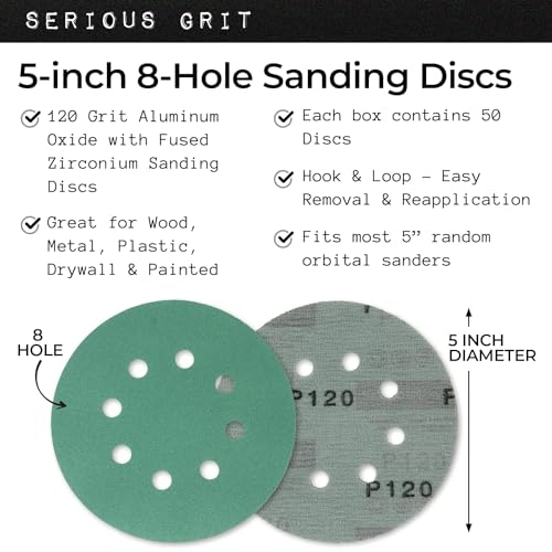 Serious Grit Sanding Discs 5 Inch 8 Hole 150 Grit - Heavy-Duty Hook & Loop Wet Dry Film Sandpaper Discs - Very Fine Sand Paper for Random Orbital Sanders - Wood, Automotive, Metal, etc - 50 Pack Box - Image 2