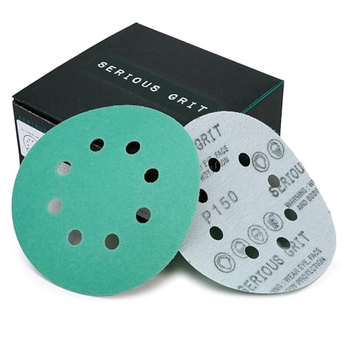 Serious Grit Sanding Discs 5 Inch 8 Hole 150 Grit - Heavy-Duty Hook & Loop Wet Dry Film Sandpaper Discs - Very Fine Sand Paper for Random Orbital Sanders - Wood, Automotive, Metal, etc - 50 Pack Box - Image 1