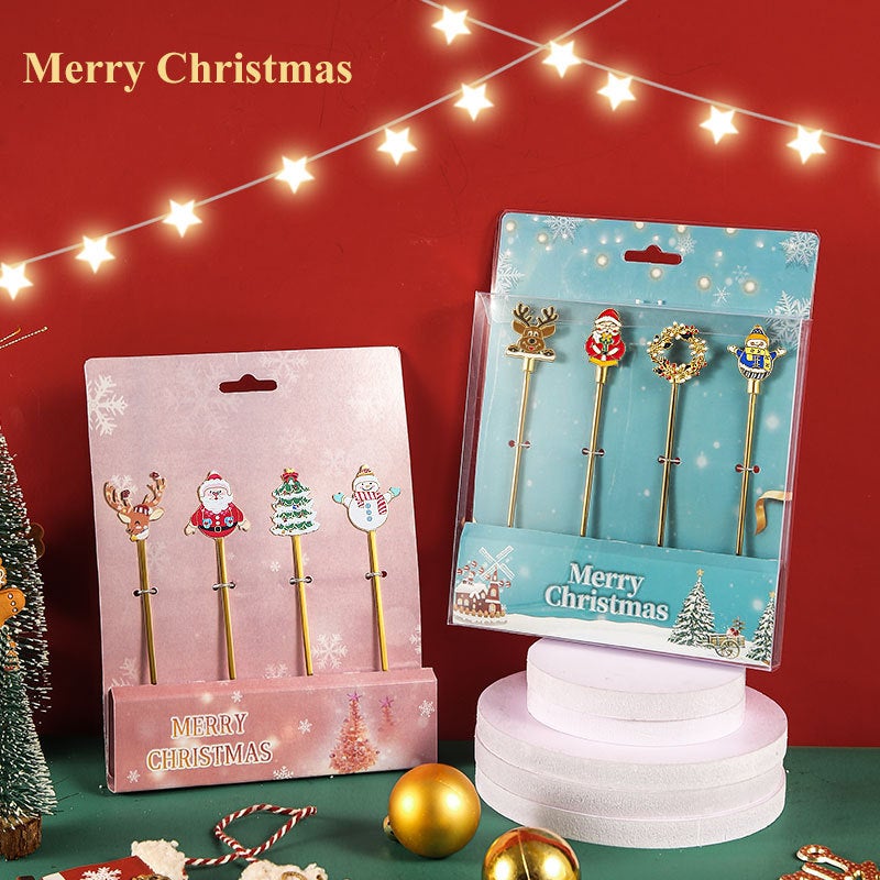Christmas Series 304 Stainless Steel Golden Tableware Coffee Mixing Spoon Dessert Spoon Fruit Fork Four-Piece Gift Box Set - Image 2