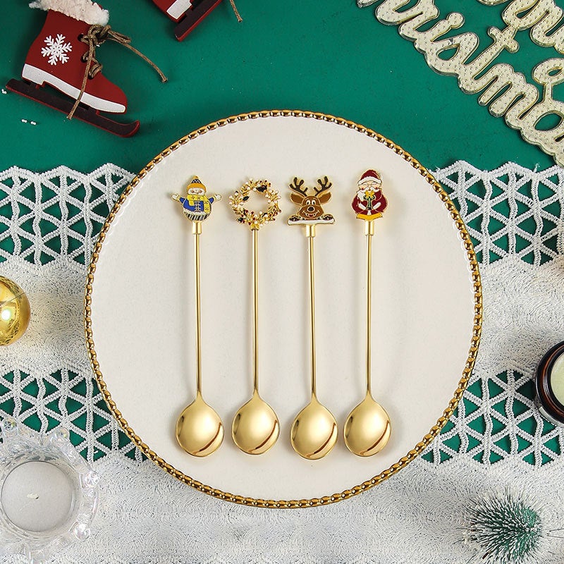 Christmas Series 304 Stainless Steel Golden Tableware Coffee Mixing Spoon Dessert Spoon Fruit Fork Four-Piece Gift Box Set - Image 3