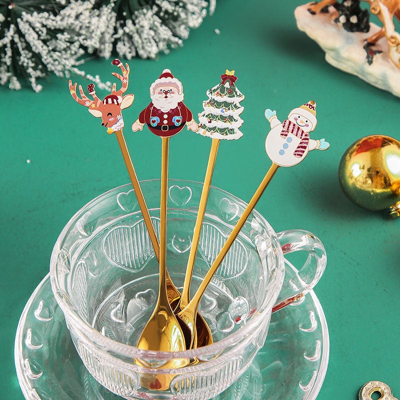 Christmas Series 304 Stainless Steel Golden Tableware Coffee Mixing Spoon Dessert Spoon Fruit Fork Four-Piece Gift Box Set - Image 4