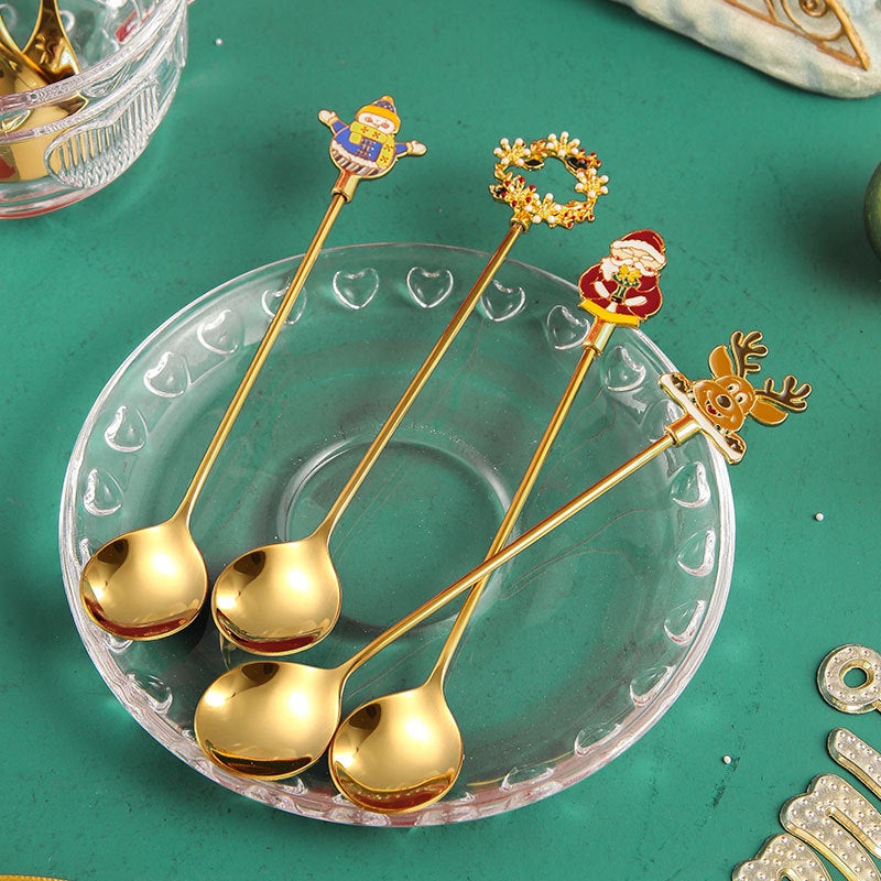 Christmas Series 304 Stainless Steel Golden Tableware Coffee Mixing Spoon Dessert Spoon Fruit Fork Four-Piece Gift Box Set - Image 5