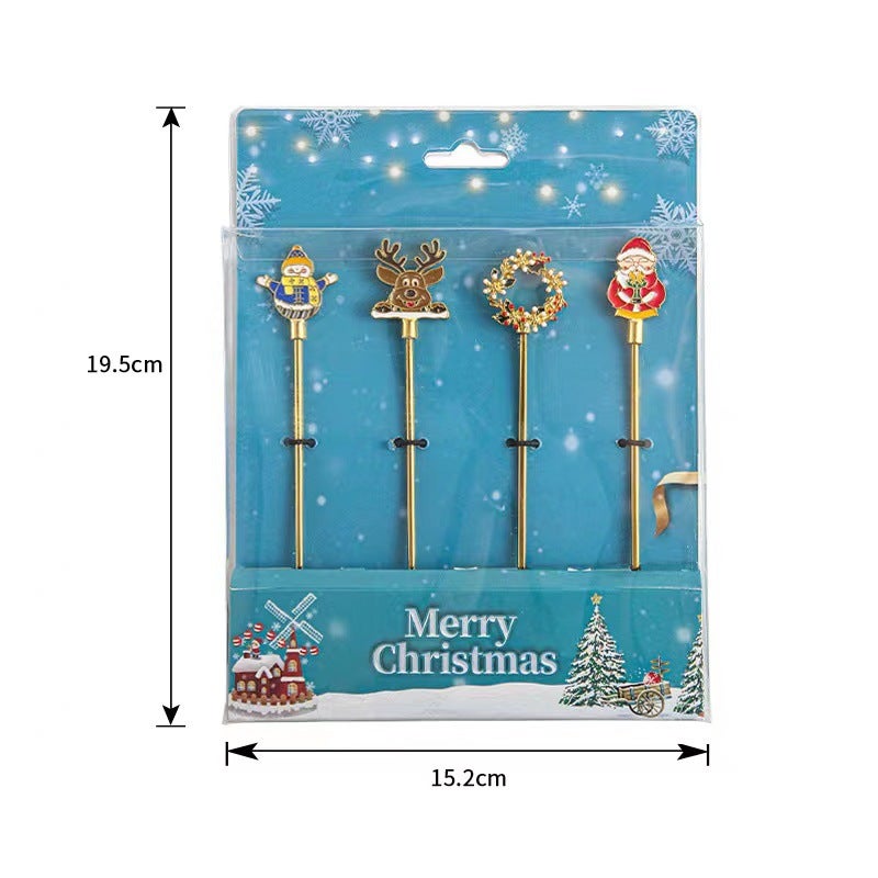 Christmas Series 304 Stainless Steel Golden Tableware Coffee Mixing Spoon Dessert Spoon Fruit Fork Four-Piece Gift Box Set - Image 1