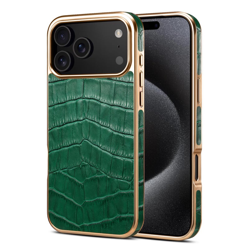 Denior For Iphone 17 Pro Crocodile Texture Genuine Leather Electroplating Phone Case(Green) - Image 1