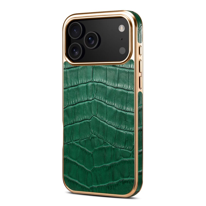 Denior For Iphone 17 Pro Crocodile Texture Genuine Leather Electroplating Phone Case(Green) - Image 2