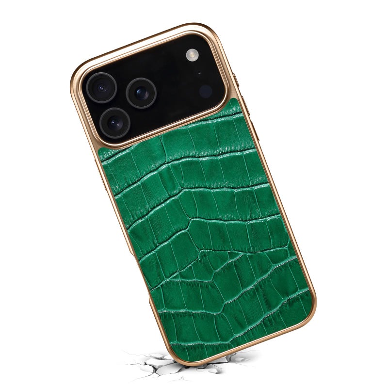 Denior For Iphone 17 Pro Crocodile Texture Genuine Leather Electroplating Phone Case(Green) - Image 4
