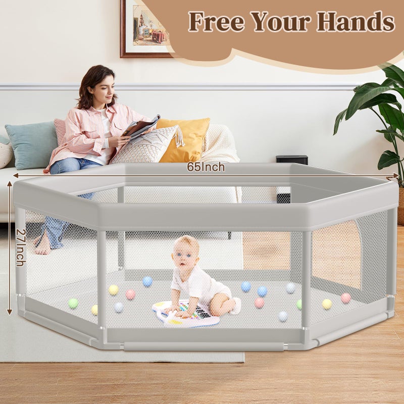 Hiaksedt Large Baby Playpen 65x65 Inch, PlayPen for Babies and Toddlers Hexagonal Type Baby Play Yards for Indoor & Outdoor with Breathable Mesh Anti-Fall - Image 2
