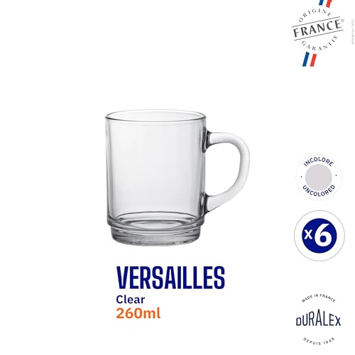 Duralex France Versailles Clear Tempered Glass Mugs | 260ml Set of 6 | Ultra-Resistant, Stackable Coffee & Tea Mugs | Microwave & Dishwasher Safe | Giftable Mug Set - Image 3