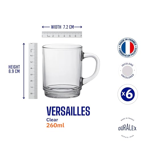 Duralex France Versailles Clear Tempered Glass Mugs | 260ml Set of 6 | Ultra-Resistant, Stackable Coffee & Tea Mugs | Microwave & Dishwasher Safe | Giftable Mug Set - Image 5