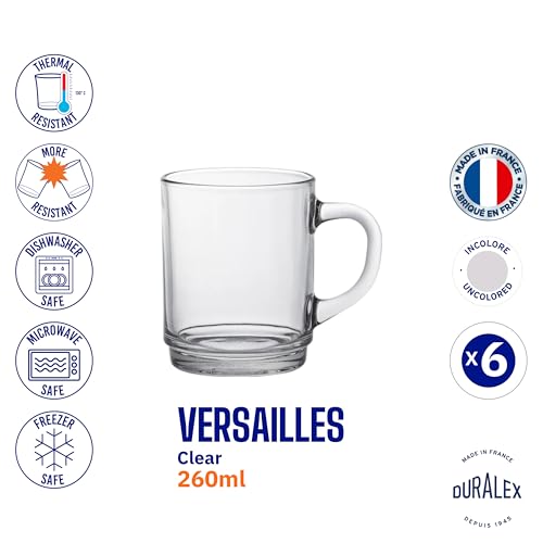 Duralex France Versailles Clear Tempered Glass Mugs | 260ml Set of 6 | Ultra-Resistant, Stackable Coffee & Tea Mugs | Microwave & Dishwasher Safe | Giftable Mug Set - Image 4