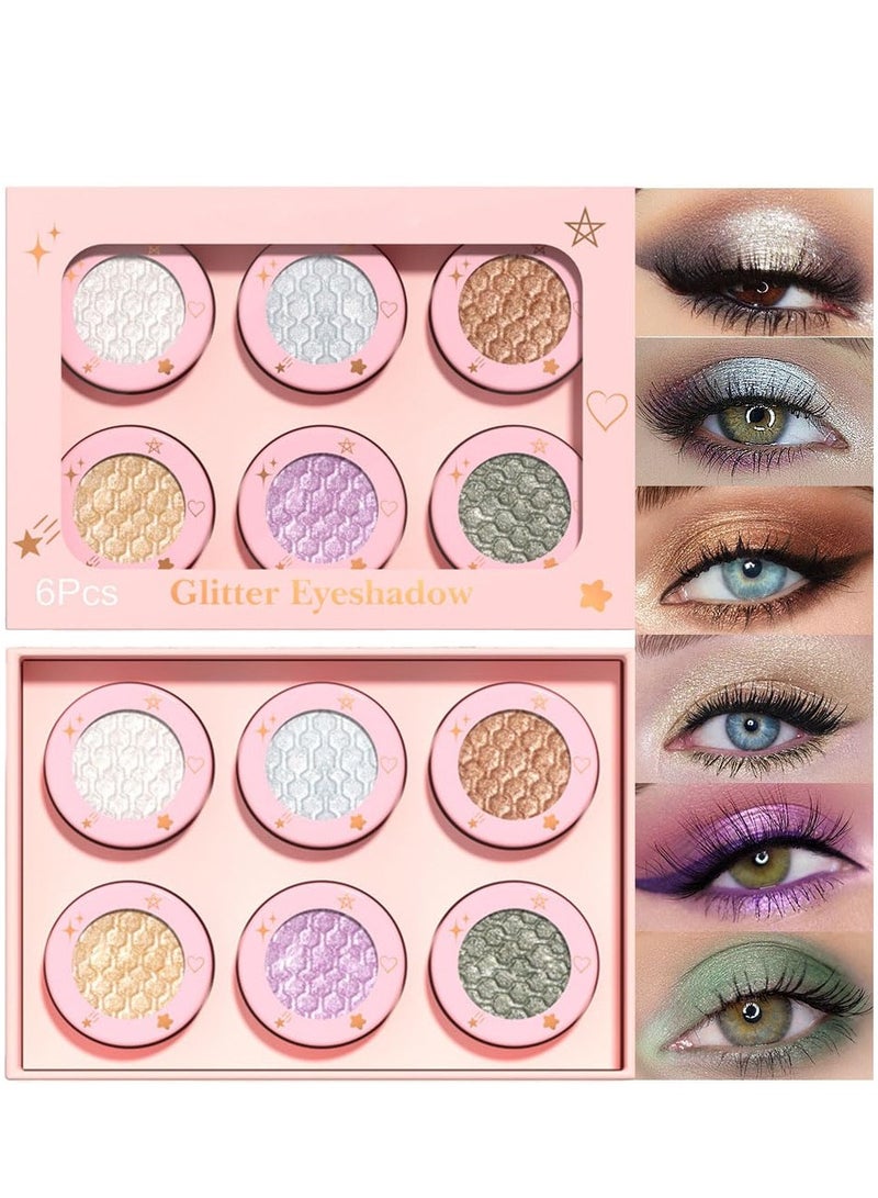 SYOSI Sparkling Eyeshadow, 6 Color Glitter Shimmer Shiny Metallic Eye Shadow Makeup Palette, Highly Pigmented Waterproof Pearl white Light blue Brown Gold Green Purple Pink Glitter Shimmer - Image 1