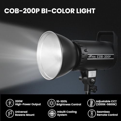 HIFFIN (COB-200P) 200W Bi Color Continuous LED Light with 18CM Reflector & Infrared Remote, AC Power, 3200K-5600K Color Temperature Control, 23000lx @1m, Ideal for Photography and Videography - Image 2