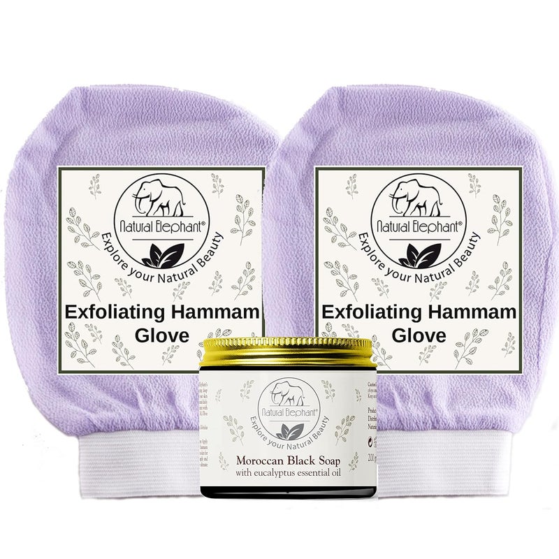 Natural Elephant Natural Elephant Moroccan Black Soap 200g 7oz and 2 Pack Exfoliating Hammam Glove Combo Lovely Lilac