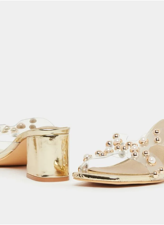 Styli Embellished Pearl Block Heel Sandals
