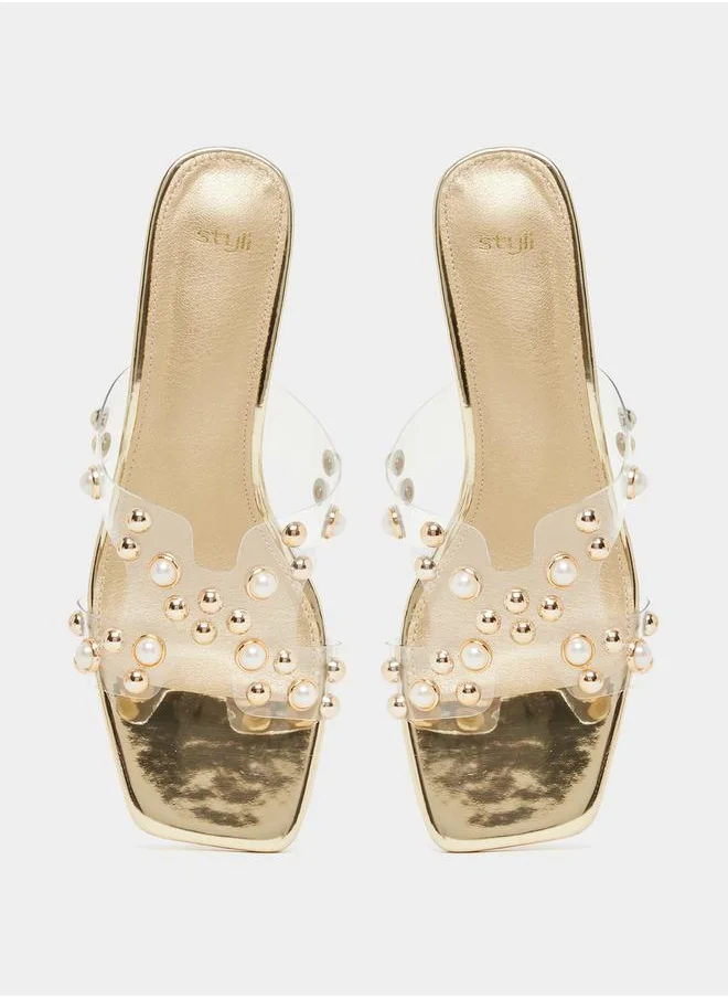 Styli Embellished Pearl Block Heel Sandals