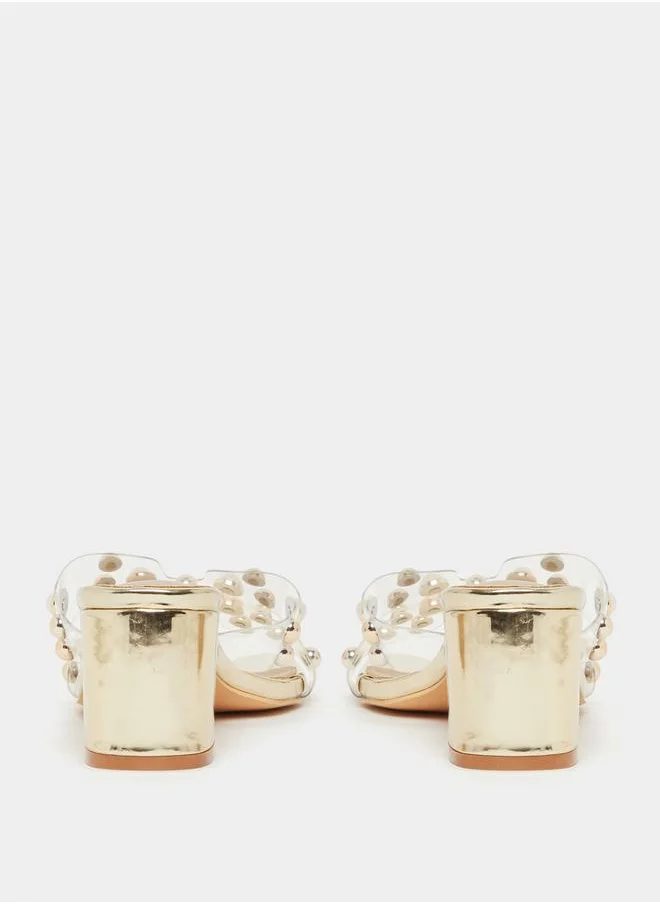 Styli Embellished Pearl Block Heel Sandals