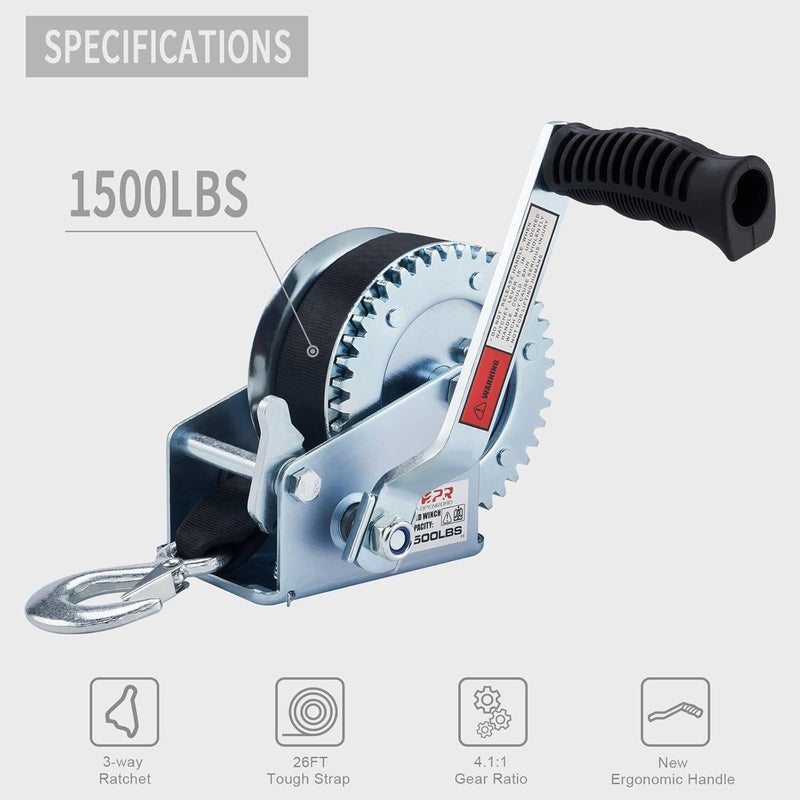 OPENROAD Store Boat Winch 1500lbs Hand Winch,for boat trailer Towing Winch, With 26ft Black Strap and Brake ratchet - Image 2