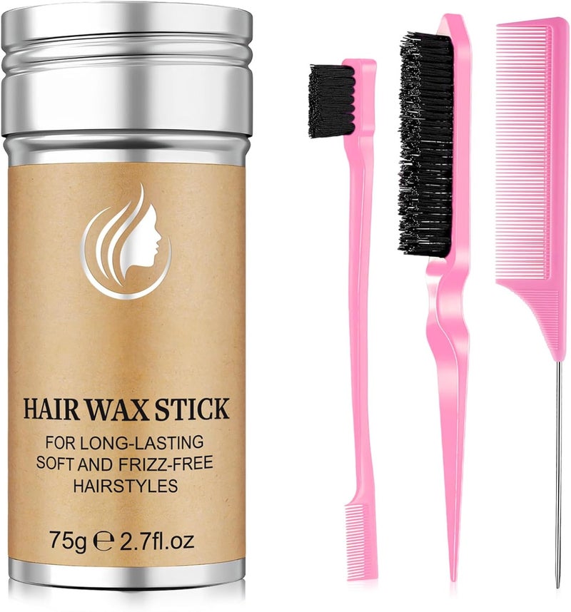 Hair Wax Stick with Pink Hair Brush 3-Piece Set, Styling Brush Side Brush for Smoothing Frizz, Rat Tail Comb for Parting, Hair Wax Stick for Long-Lasting Soft, Frizz-Free Styles 75g