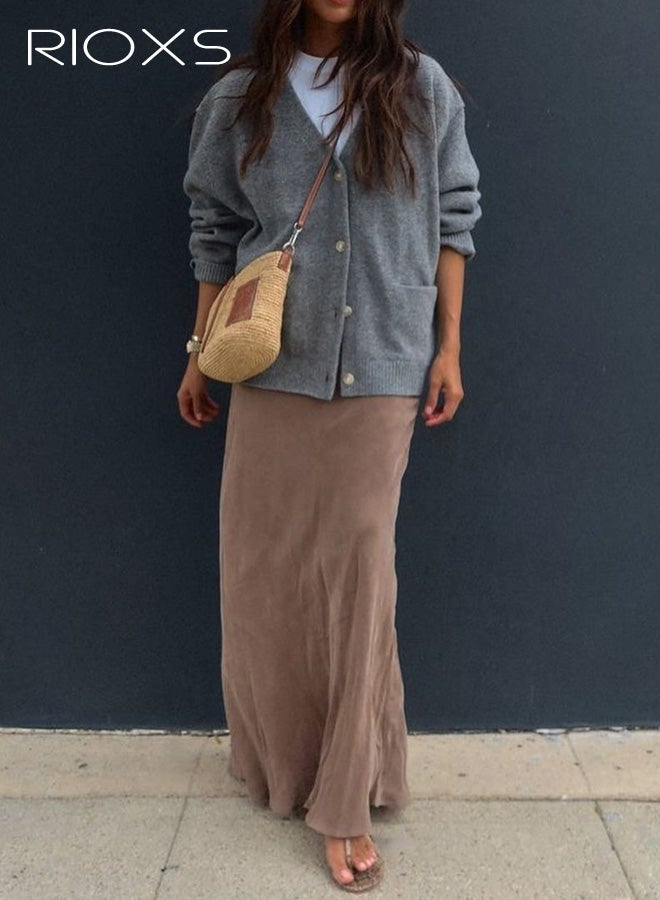 RIOXS Womens Cardigan Sweaters, Casual Fall Long Sleeve Open Front Cable Knit Jackets with Pocket, Loose Fit V-neck Button Down Sweater Coat Lightweight Outerwear for Travel Dating Daily Wearing, Gray - Image 3