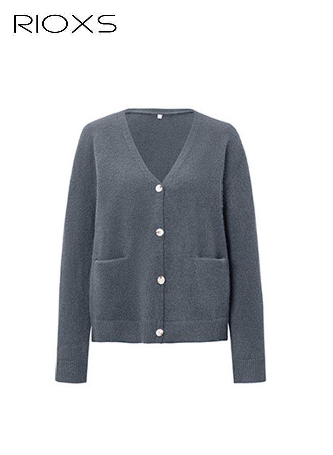 RIOXS Womens Cardigan Sweaters, Casual Fall Long Sleeve Open Front Cable Knit Jackets with Pocket, Loose Fit V-neck Button Down Sweater Coat Lightweight Outerwear for Travel Dating Daily Wearing, Gray - Image 4