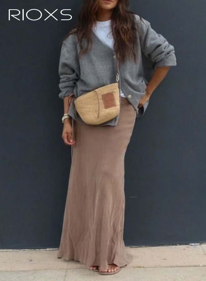 RIOXS Womens Cardigan Sweaters, Casual Fall Long Sleeve Open Front Cable Knit Jackets with Pocket, Loose Fit V-neck Button Down Sweater Coat Lightweight Outerwear for Travel Dating Daily Wearing, Gray - Image 1