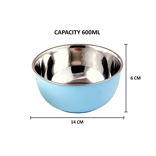 Bowl Fiery Stainless Steel and Plastic Coated Microwave Safe Bowls Set | Multicolor Kitchen Bowls | 600 ML Capacity | 14 Cm Serving Bowls Set of 6 for Dining Storage and Serving - Image 3
